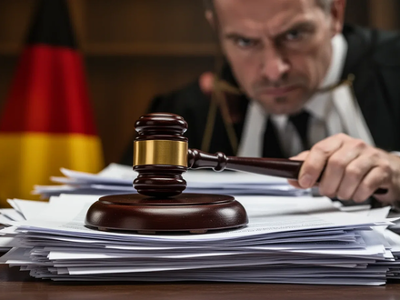 Ein Richterhammer liegt auf juristischen Dokumenten mit verschwommener deutscher Flagge im Hintergrund, symbolisiert Unternehmensstrafrechtsreform. - Foto: über boerse-global.de