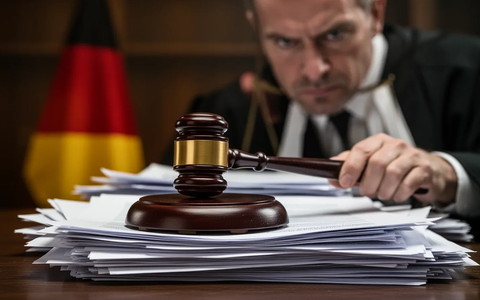 Ein Richterhammer liegt auf juristischen Dokumenten mit verschwommener deutscher Flagge im Hintergrund, symbolisiert Unternehmensstrafrechtsreform. - Foto: über boerse-global.de