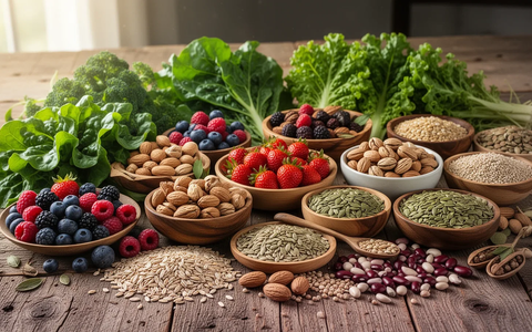 Eine Nahaufnahme einer bunten Auswahl an frischen, entzündungshemmenden Lebensmitteln wie Beeren, Nüssen und grünem Gemüse. - Foto: über boerse-global.de