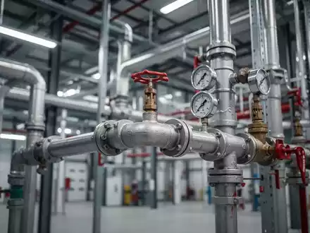 Close-up of a red fire sprinkler system with pipes and nozzles in a modern industrial building, highlighting safety technology. - Foto: ĂŒber boerse-global.de