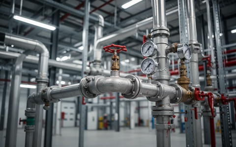 Close-up of a red fire sprinkler system with pipes and nozzles in a modern industrial building, highlighting safety technology. - Foto: über boerse-global.de