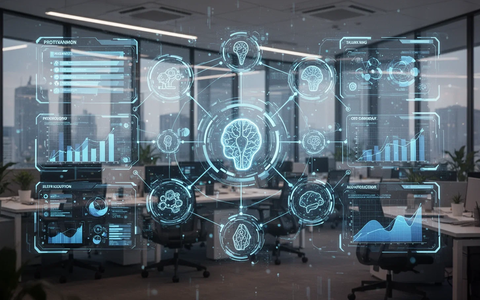 Holographic interface showing project data and AI symbols in an office, representing SharePoint integration and AI for project collaboration. - Foto: über boerse-global.de