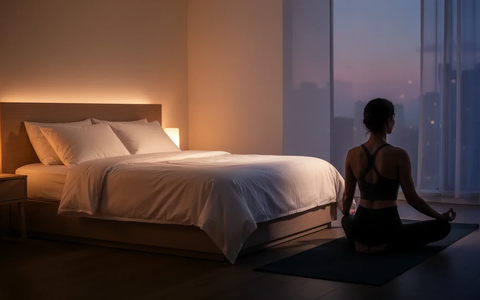 Eine ruhige, minimalistische Schlafzimmerszene in der Abenddämmerung mit einer Person, die auf einer Yogamatte meditiert, um Ruhe und Schlaf zu fördern. - Foto: über boerse-global.de