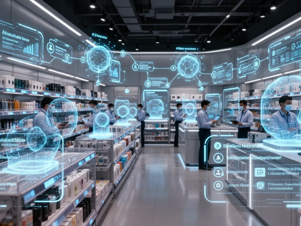 A modern retail store interior with glowing electronic shelf labels, a holographic display showing data, and a digital twin overlay indicating AI-driven tasks. - Foto: über boerse-global.de