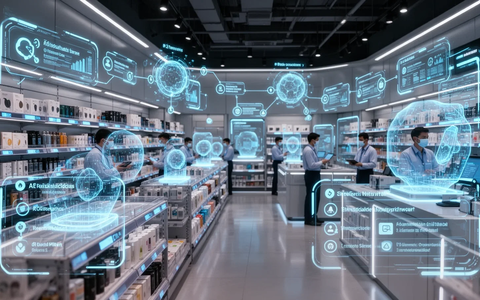 A modern retail store interior with glowing electronic shelf labels, a holographic display showing data, and a digital twin overlay indicating AI-driven tasks. - Foto: über boerse-global.de