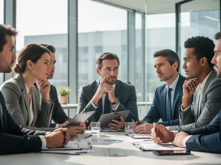 Eine Gruppe von Führungskräften in einem modernen Büro diskutiert konzentriert. Fokus auf mentale Fitness und Führungskompetenzen. - Foto: über boerse-global.de