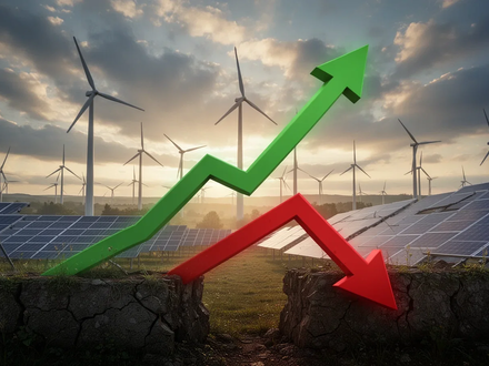 Grafische Darstellung einer Finanzierungslücke mit steigendem grünem Pfeil für Klimaziele und rotem Pfeil für Finanzierungsdefizite vor Windturbinen und Solaranlagen. - Foto: über boerse-global.de