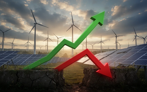 Grafische Darstellung einer Finanzierungslücke mit steigendem grünem Pfeil für Klimaziele und rotem Pfeil für Finanzierungsdefizite vor Windturbinen und Solaranlagen. - Foto: über boerse-global.de