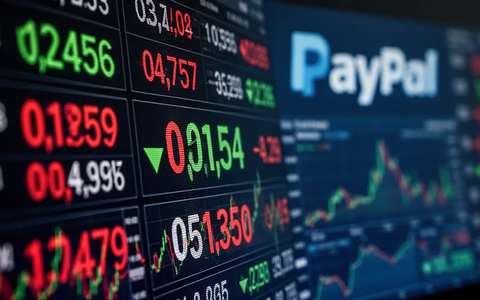A blurred stock ticker showing negative numbers, with a subtle, out-of-focus PayPal logo in the background, symbolizing financial decline. - Foto: über boerse-global.de