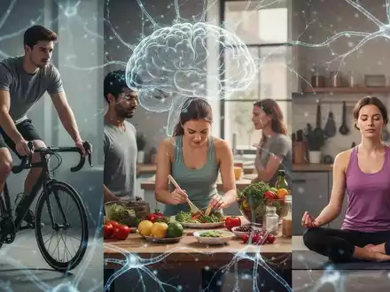 Junge Erwachsene betreiben gesunde Lebensstilaktivitäten wie Radfahren, Kochen und Meditieren, mit abstrakten Gehirnwellen. - Foto: über boerse-global.de