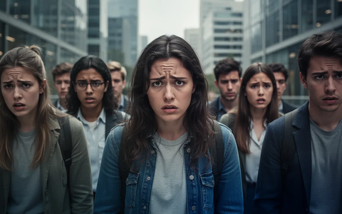Junge Erwachsene mit Anzeichen von Stress und Angst in einer modernen Stadtlandschaft, die psychische Belastung symbolisiert. - Foto: über boerse-global.de