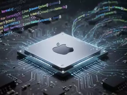A close-up of a glowing Apple M3 chip on a circuit board, with abstract code elements in the background, symbolizing Linux compatibility. - Foto: über boerse-global.de
