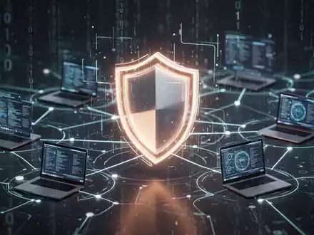 Ein stilisiertes, leuchtendes Schild-Symbol auf einem Netzwerk digitaler Geräte, das Cybersicherheit und Software-Updates darstellt. - Foto: über boerse-global.de