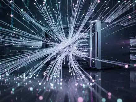 Nahaufnahme von leuchtenden Glasfaserkabeln, die in einen futuristischen Serverschrank münden und Datenfluss symbolisieren. - Foto: über boerse-global.de