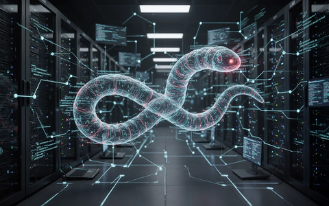 Digital worm, represented by glowing lines of code, moving across a network of servers and devices in a data center. - Foto: über boerse-global.de