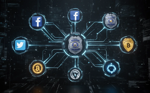 A digital interface showing connections between social media logos, police badges, and cryptocurrency icons, symbolizing a crackdown on online scams. - Foto: über boerse-global.de