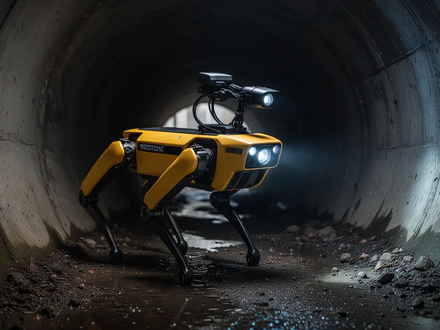 A yellow and black Boston Dynamics Spot robot inspecting a dark, confined concrete culvert, with sensors visible. - Foto: über boerse-global.de