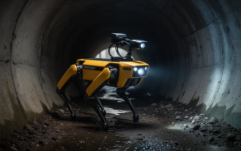 A yellow and black Boston Dynamics Spot robot inspecting a dark, confined concrete culvert, with sensors visible. - Foto: über boerse-global.de