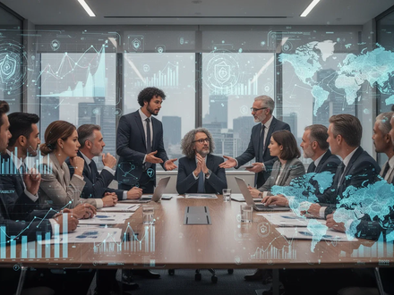 Geschäftsleute diskutieren Resilienz und Antifragilität in einem modernen Konferenzraum, mit digitalen Überlagerungen von Daten und Risiken. - Foto: über boerse-global.de