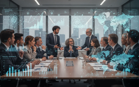 Geschäftsleute diskutieren Resilienz und Antifragilität in einem modernen Konferenzraum, mit digitalen Überlagerungen von Daten und Risiken. - Foto: über boerse-global.de