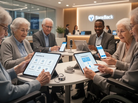 Diverse group, including elderly and disabled individuals, using digital banking services on tablets and smartphones with accessibility features. - Foto: über boerse-global.de