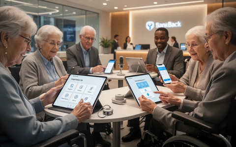 Diverse group, including elderly and disabled individuals, using digital banking services on tablets and smartphones with accessibility features. - Foto: über boerse-global.de