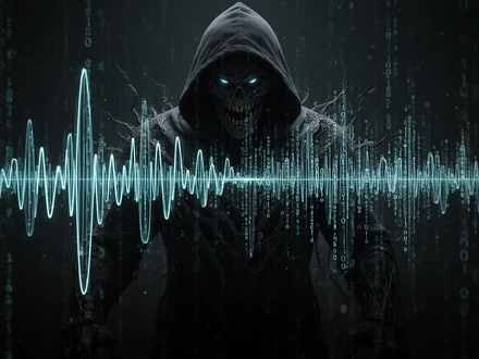 Abstract image showing sound waves morphing into digital code or a shadowy figure, representing AI voice cloning scams. - Foto: über boerse-global.de