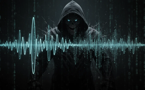 Abstract image showing sound waves morphing into digital code or a shadowy figure, representing AI voice cloning scams. - Foto: über boerse-global.de