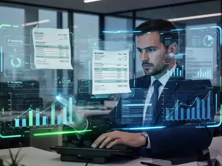 Eine Person betrachtet digitale Rechnungen auf einer holografischen Oberfläche in einem modernen Büro, symbolisch für E-Rechnung und Digitalisierung. - Foto: über boerse-global.de