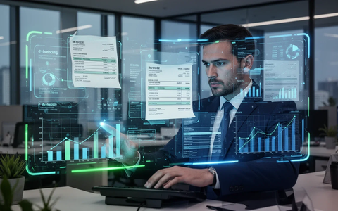 Eine Person betrachtet digitale Rechnungen auf einer holografischen Oberfläche in einem modernen Büro, symbolisch für E-Rechnung und Digitalisierung. - Foto: über boerse-global.de