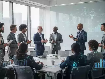Eine Gruppe von Gründern diskutiert und präsentiert in einem modernen Konferenzraum, Symbole für Innovation und Zusammenarbeit. - Foto: über boerse-global.de