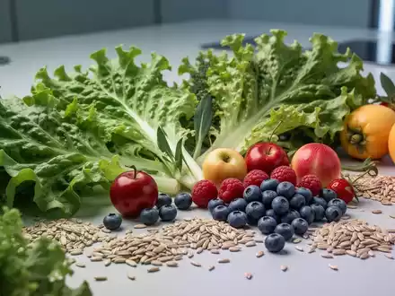 Eine Nahaufnahme von frischem Gemüse und Obst wie Grünkohl, Beeren und Vollkornprodukten, die Gesundheit und Ernährung symbolisieren. - Foto: über boerse-global.de