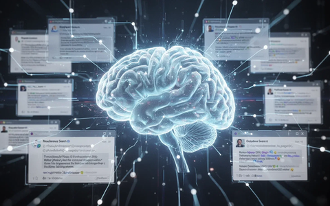Ein stilisiertes, leuchtendes KI-Gehirn-Interface über einem Netzwerk digitaler Dokumente und E-Mails. - Foto: über boerse-global.de