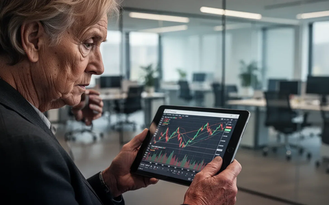 Eine nachdenkliche ältere Person betrachtet ein Finanzdiagramm auf einem Tablet, was Unsicherheit über die Betriebsrente widerspiegelt. - Foto: über boerse-global.de