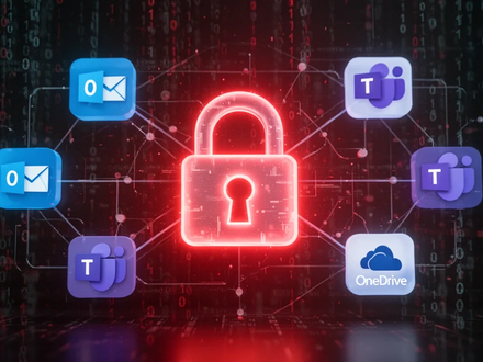 A glowing lock icon superimposed on a network of Microsoft 365 logos, binary code, and a red alert glow, symbolizing cybersecurity threats. - Foto: über boerse-global.de
