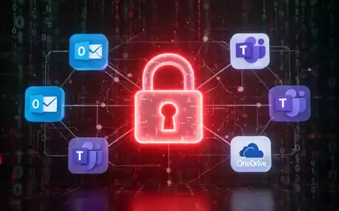 A glowing lock icon superimposed on a network of Microsoft 365 logos, binary code, and a red alert glow, symbolizing cybersecurity threats. - Foto: über boerse-global.de