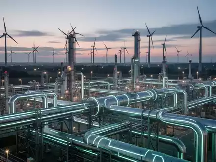 Ein futuristischer Industriekomplex bei Sonnenuntergang mit leuchtenden Pipelines und Windturbinen, der Dekarbonisierung und Klimaresilienz darstellt. - Foto: über boerse-global.de