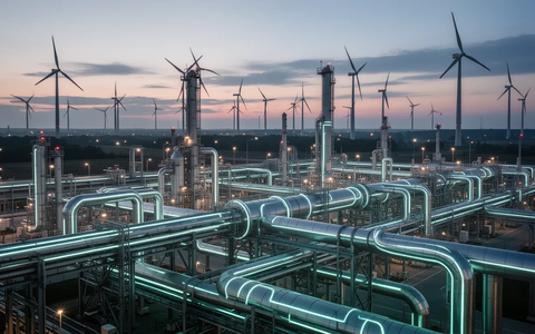 Ein futuristischer Industriekomplex bei Sonnenuntergang mit leuchtenden Pipelines und Windturbinen, der Dekarbonisierung und Klimaresilienz darstellt. - Foto: über boerse-global.de
