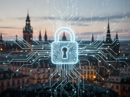 Abstrakte Darstellung von Datenschutz und KI-Transparenz mit leuchtenden Schaltkreisen und einem stilisierten Vorhängeschloss vor einer Stadtkulisse. - Foto: über boerse-global.de