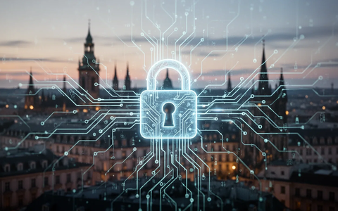 Abstrakte Darstellung von Datenschutz und KI-Transparenz mit leuchtenden Schaltkreisen und einem stilisierten Vorhängeschloss vor einer Stadtkulisse. - Foto: über boerse-global.de