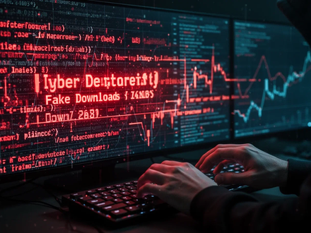 Abstract digital representation of malware spreading, with glowing red code on a dark screen and a hacker's hands on a keyboard. - Foto: über boerse-global.de