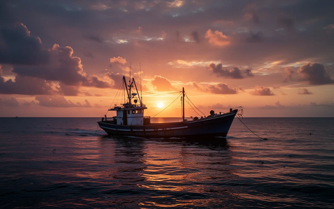 Ein Fischerboot bei Sonnenuntergang auf ruhigem Meer, das die Weite und Zerbrechlichkeit der marinen Ökosysteme hervorhebt. - Foto: über boerse-global.de