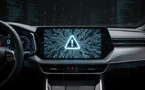 Ein modernes Auto-Cockpit mit einem digitalen Display, das ein Warnsymbol und Schaltkreise zeigt, die Cybersicherheitsbedrohungen darstellen. - Foto: über boerse-global.de