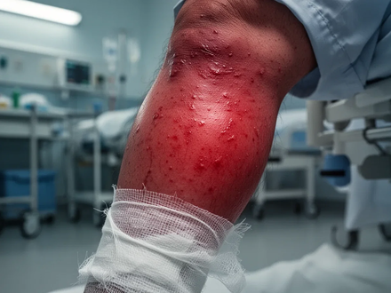 Nahaufnahme eines geschwollenen, geröteten Beins mit medizinischem Verband, das eine schwere Entzündung und Schmerz darstellt. - Foto: über boerse-global.de