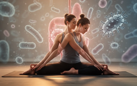 Eine Person praktiziert Yoga in einer friedlichen Umgebung, mit abstrakten Darstellungen von Darmbakterien im Hintergrund. - Foto: über boerse-global.de