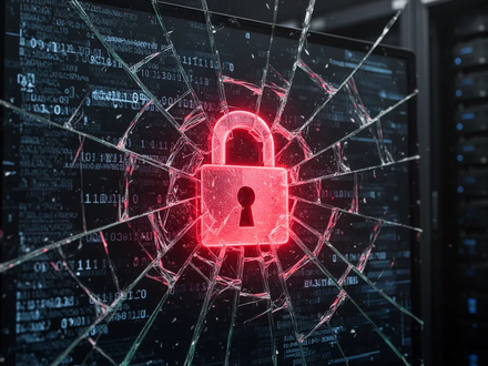 Ein zerbrochener digitaler Bildschirm zeigt korrupte Daten, Binärcode und ein kaputtes Vorhängeschloss-Symbol in rotem Licht. - Foto: über boerse-global.de