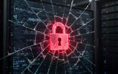 Ein zerbrochener digitaler Bildschirm zeigt korrupte Daten, Binärcode und ein kaputtes Vorhängeschloss-Symbol in rotem Licht. - Foto: über boerse-global.de