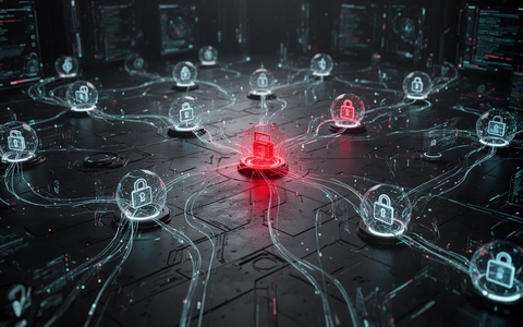 A glowing red node within a complex digital supply chain network, symbolizing a security breach in a software distribution pipeline. - Foto: über boerse-global.de