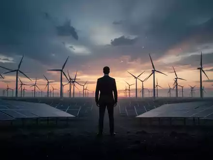 Eine Silhouette steht bei Sonnenuntergang auf einem Energiefeld mit Windturbinen und Solaranlagen, was einen Abschied symbolisiert. - Foto: über boerse-global.de