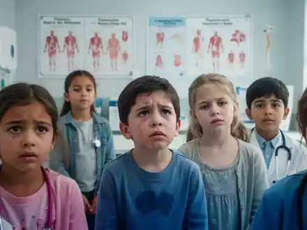Kinder in einem modern eingerichteten Arztzimmer, einige blicken nachdenklich, mit Fokus auf ihre Gesichter. - Foto: über boerse-global.de